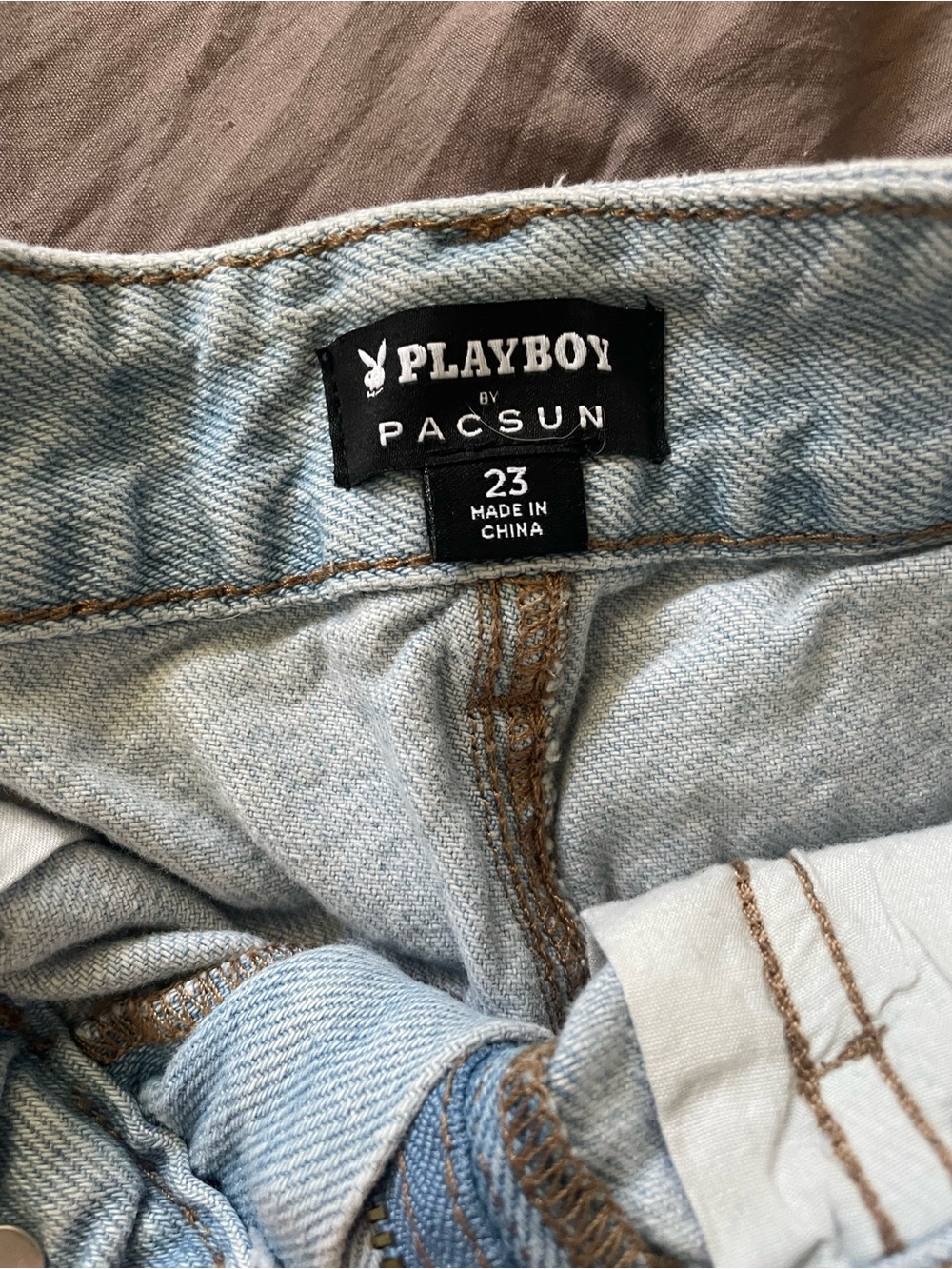 PLAYBOY Light Blue Distressed Denim Shorts with Pink Bunny Patch - Picture 5 of 5